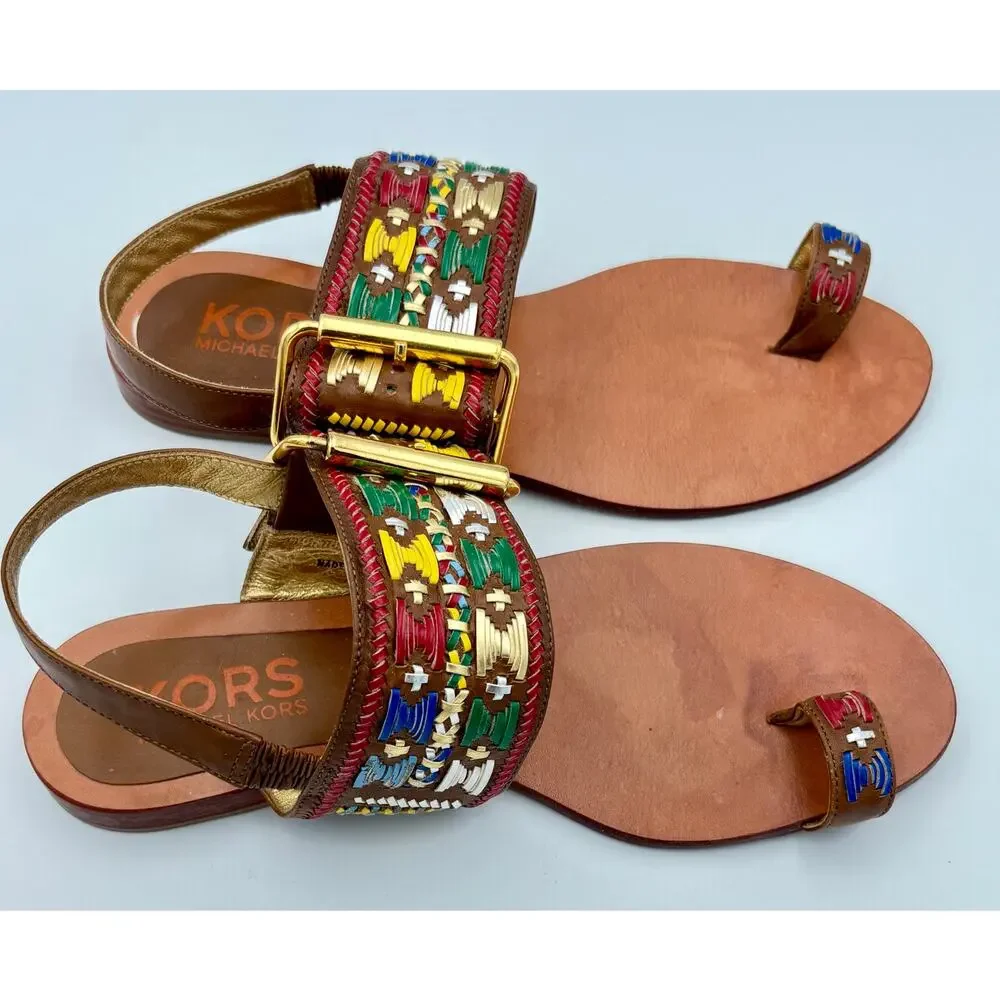 Michael Kors Woven Multicolor Leather Sandals Boho Slingback Toe Loop Size 8 - Picture 4 of 10
